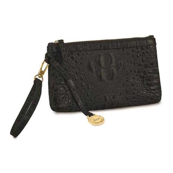 Black Top Grain Leather Croc Texture RFID Clutch purse handbag wrist crossbody